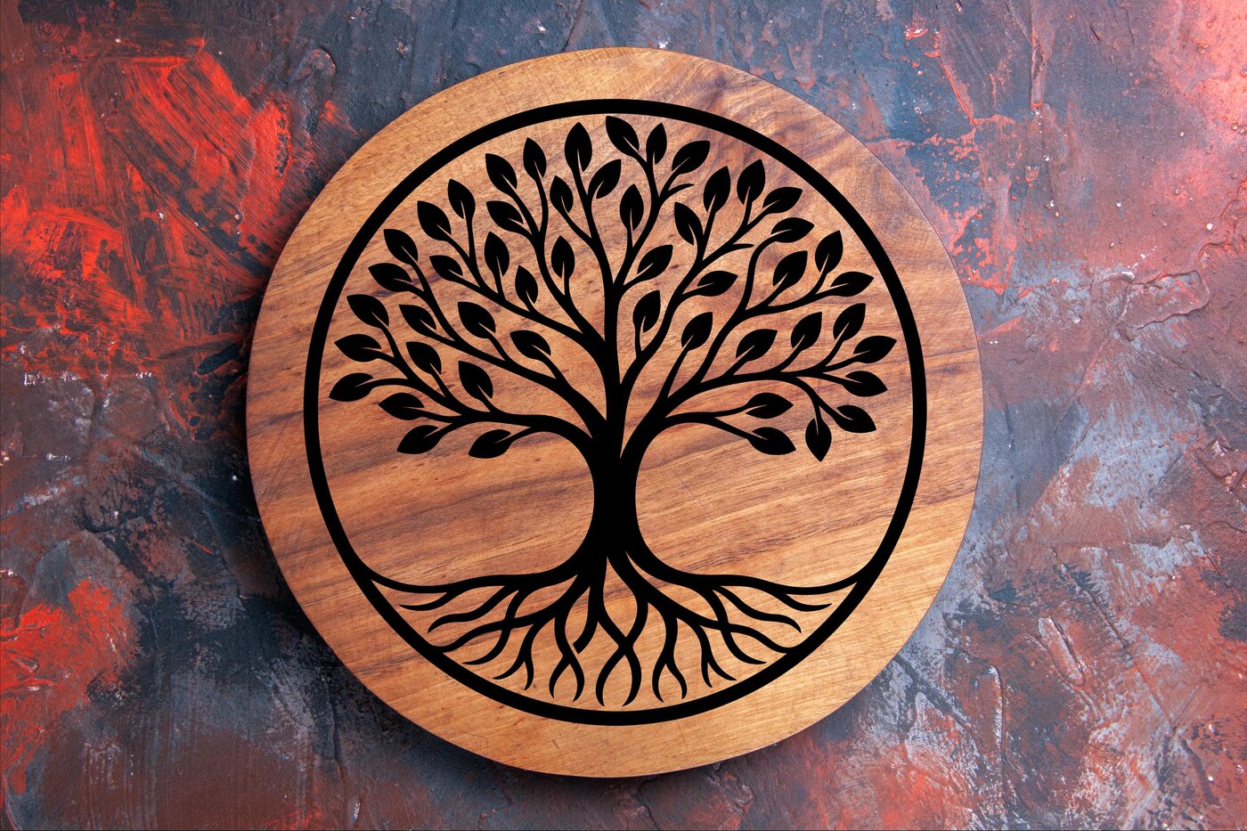 Logo arbre de vie gravé sur plaque ronde en bois